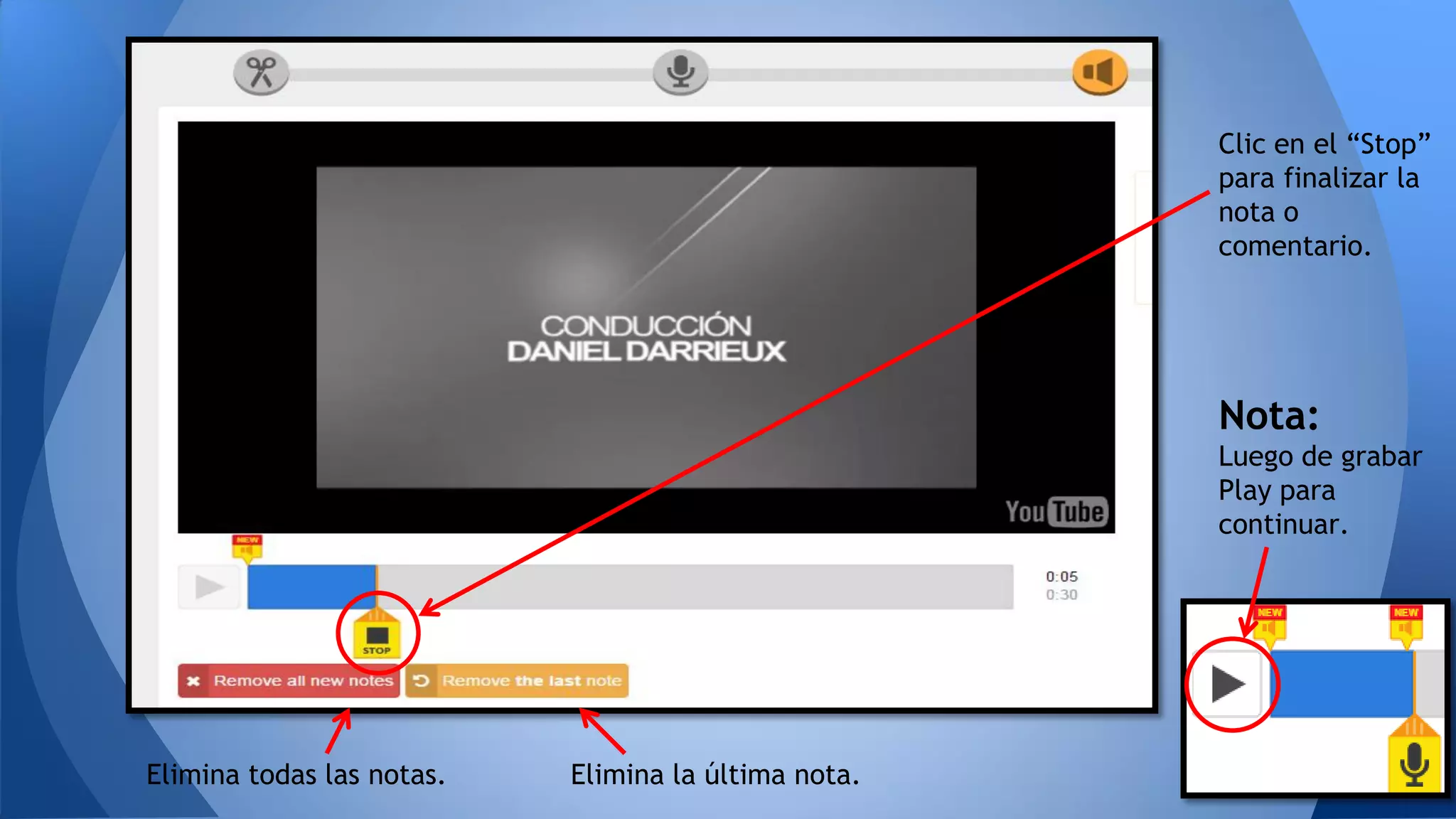 Clic en el “Stop”
para finalizar la
nota o
comentario.
Elimina todas las notas. Elimina la última nota.
Nota:
Luego de grabar
Play para
continuar.
 
