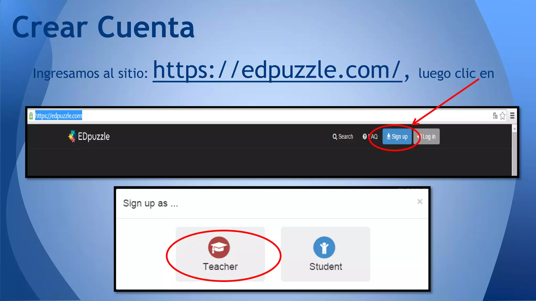 Ingresamos al sitio: https://edpuzzle.com/, luego clic en
Crear Cuenta
 