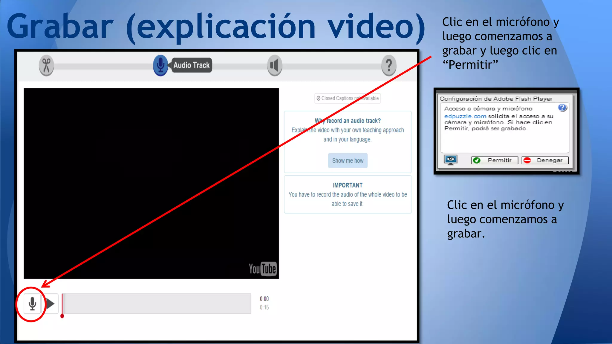 Clic en el micrófono y
luego comenzamos a
grabar y luego clic en
“Permitir”
Clic en el micrófono y
luego comenzamos a
grabar.
Grabar (explicación video)
 