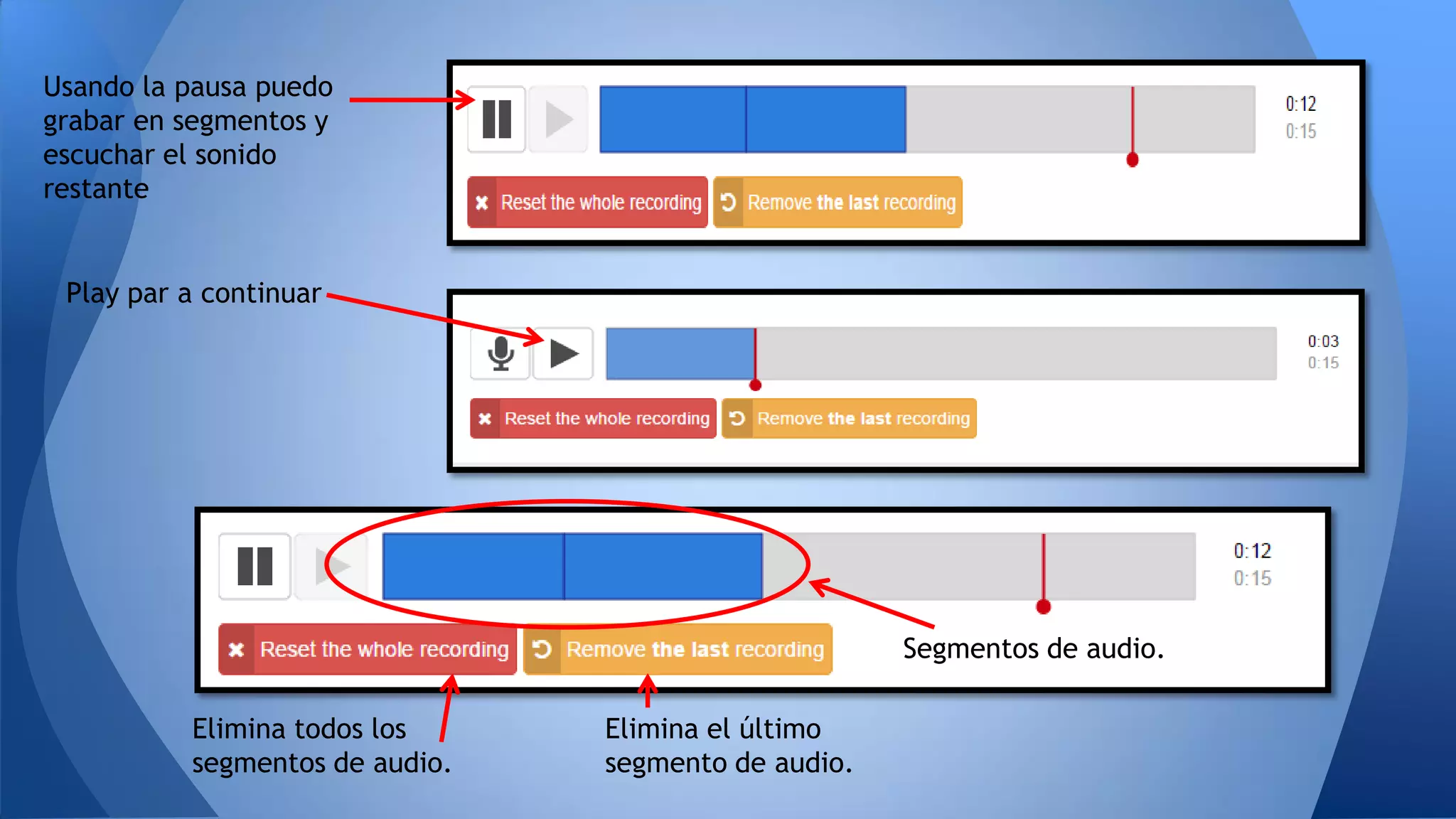 Usando la pausa puedo
grabar en segmentos y
escuchar el sonido
restante
Play par a continuar
Elimina todos los
segmentos de audio.
Elimina el último
segmento de audio.
Segmentos de audio.
 