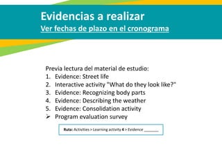 Evidencias a realizar
Ver fechas de plazo en el cronograma
Previa lectura del material de estudio:
1. Evidence: Street life
2. Interactive activity "What do they look like?"
3. Evidence: Recognizing body parts
4. Evidence: Describing the weather
5. Evidence: Consolidation activity
 Program evaluation survey
Ruta: Activities > Learning activity 4 > Evidence _______
 