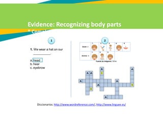 Evidence: Recognizing body parts
* Completa usando las partes del cuerpo
Diccionarios: http://www.wordreference.com/, http://www.linguee.es/
1. We wear a hat on our
__________.
a. head
b. hear
c. eyebrow
1 2
 