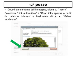 12º passo 
• Dopo il caricamento dell’immagine, clicca su “Inserir”. 
Seleziona “Link automático” e “Criar links apenas a partir 
de palavras inteiras” e finalmente clicca su “Salvar 
mudanças”. 
 