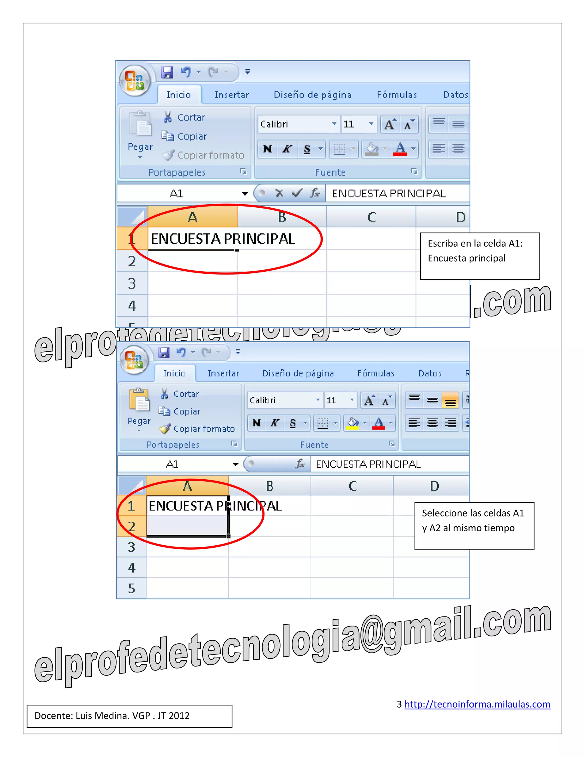 Escriba en la celda A1:
                                            Encuesta principal




                                           Seleccione las celdas A1
                                           y A2 al mismo tiempo




                                      3 http://tecnoinforma.milaulas.com
Docente: Luis Medina. VGP . JT 2012
 