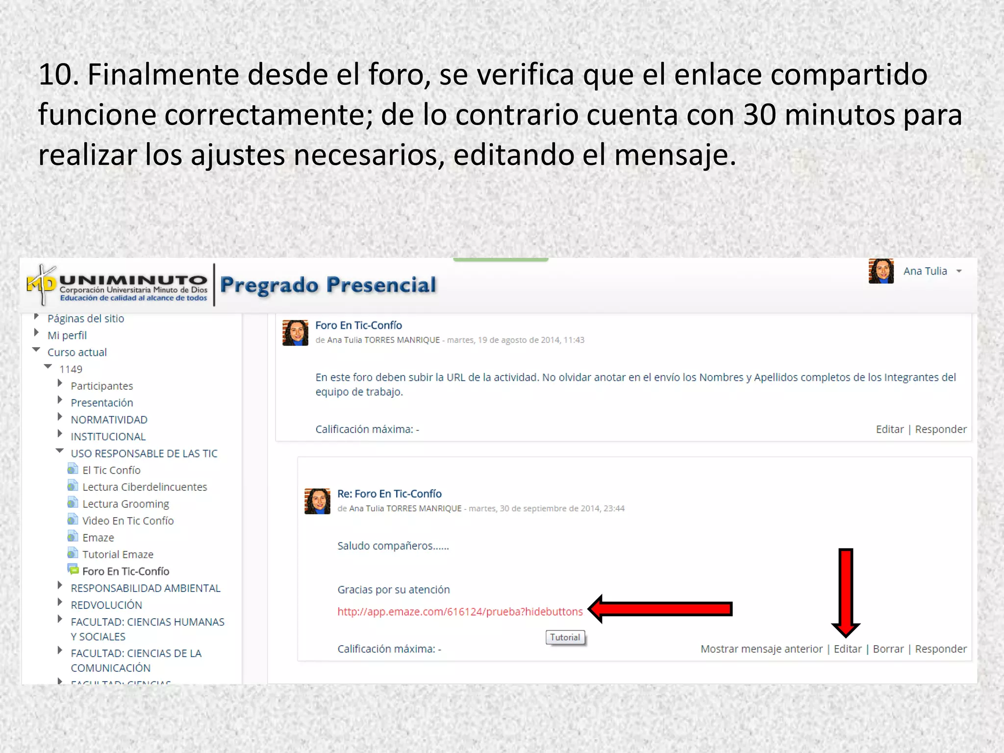 10. Finalmente desde el foro, se verifica que el enlace compartido
funcione correctamente; de lo contrario cuenta con 30 minutos para
realizar los ajustes necesarios, editando el mensaje.
 