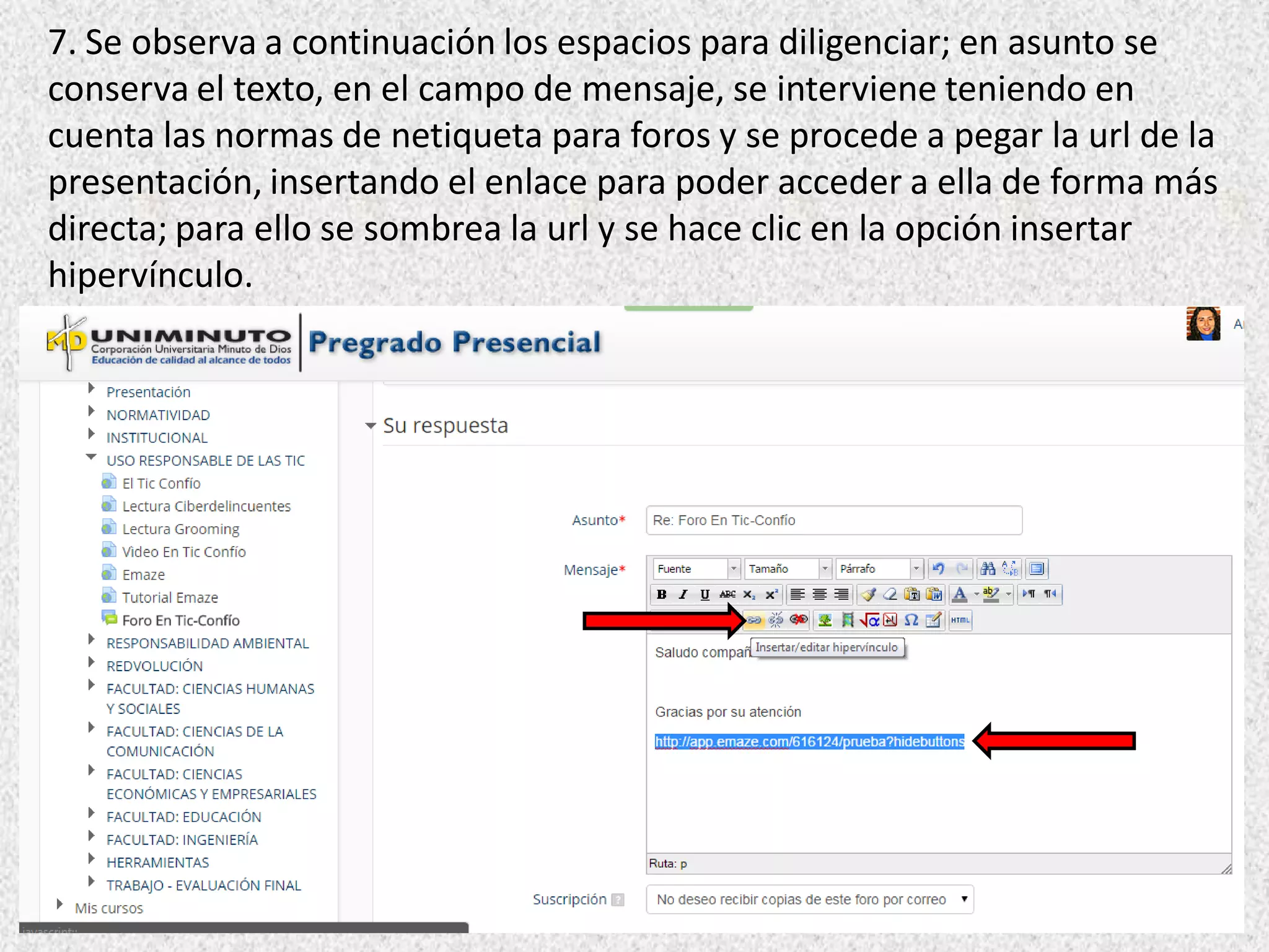 7. Se observa a continuación los espacios para diligenciar; en asunto se
conserva el texto, en el campo de mensaje, se interviene teniendo en
cuenta las normas de netiqueta para foros y se procede a pegar la url de la
presentación, insertando el enlace para poder acceder a ella de forma más
directa; para ello se sombrea la url y se hace clic en la opción insertar
hipervínculo.
 