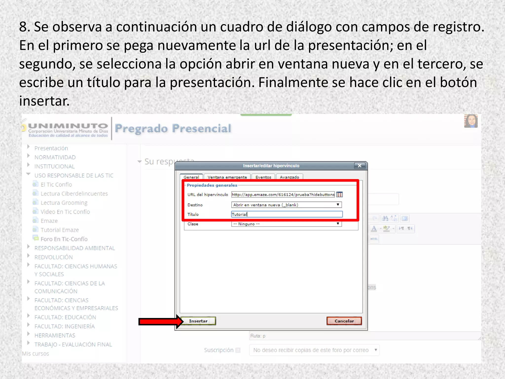 8. Se observa a continuación un cuadro de diálogo con campos de registro.
En el primero se pega nuevamente la url de la presentación; en el
segundo, se selecciona la opción abrir en ventana nueva y en el tercero, se
escribe un título para la presentación. Finalmente se hace clic en el botón
insertar.
 