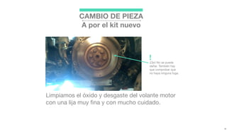 Limpiamos el óxido y desgaste del volante motor
con una lija muy ﬁna y con mucho cuidado.
¡No se puede dañar!
CAMBIO DE PIEZA
A por el kit nuevo
También hay que
comprobar que no
haya ninguna fuga de
aceite en el retén del
cigüeñal.
!
 