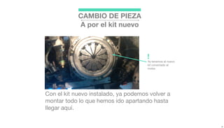 Con el kit nuevo instalado, ya podemos volver a
montar todo lo que hemos ido apartando hasta
llegar aquí.
CAMBIO DE PIEZA
A por el kit nuevo
Ya tenemos el nuevo
kit conectado al
motor.
!
 