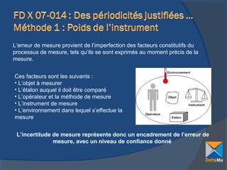 L’erreur de mesure provient de l’imperfection des facteurs constitutifs du
processus de mesure, tels qu’ils se sont exprimés au moment précis de la
mesure.
Ces facteurs sont les suivants :
• L’objet à mesurer
• L’étalon auquel il doit être comparé
• L’opérateur et la méthode de mesure
• L’instrument de mesure
• L’environnement dans lequel s’effectue la
mesure
L’incertitude de mesure représente donc un encadrement de l’erreur de
mesure, avec un niveau de confiance donné

 
