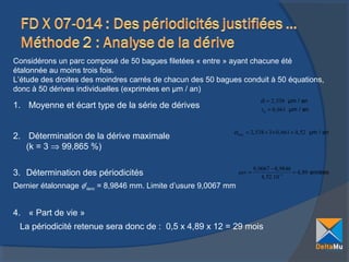 Considérons un parc composé de 50 bagues filetées « entre » ayant chacune été
étalonnée au moins trois fois.
L’étude des droites des moindres carrés de chacun des 50 bagues conduit à 50 équations,
donc à 50 dérives individuelles (exprimées en µm / an)
α = 2,538 µm / an
sα = 0, 661 µm / an

1. Moyenne et écart type de la série de dérives
2. Détermination de la dérive maximale
(k = 3 ⇒ 99,865 %)

α max = 2,538 + 3 × 0, 661 = 4,52 µm / an

3. Détermination des périodicités

per =

9, 0067 − 8,9846
= 4,89 années
4,52.10−3

Dernier étalonnage φflanc = 8,9846 mm. Limite d’usure 9,0067 mm

4. « Part de vie »
La périodicité retenue sera donc de : 0,5 x 4,89 x 12 = 29 mois

 