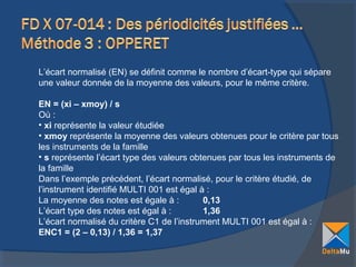 L’écart normalisé (EN) se définit comme le nombre d’écart-type qui sépare
une valeur donnée de la moyenne des valeurs, pour le même critère.
EN = (xi – xmoy) / s
Où :
• xi représente la valeur étudiée
• xmoy représente la moyenne des valeurs obtenues pour le critère par tous
les instruments de la famille
• s représente l’écart type des valeurs obtenues par tous les instruments de
la famille
Dans l’exemple précédent, l’écart normalisé, pour le critère étudié, de
l’instrument identifié MULTI 001 est égal à :
La moyenne des notes est égale à :
0,13
L’écart type des notes est égal à :
1,36
L’écart normalisé du critère C1 de l’instrument MULTI 001 est égal à :
ENC1 = (2 – 0,13) / 1,36 = 1,37

 