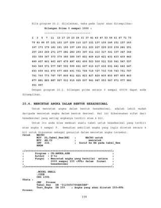 Bila program 20.2. dijalankan, maka pada layar akan ditampilkan:
Bilangan Prima 0 sampai 1000 :
-----------------------------
2 3 5 7 11 13 17 19 23 29 31 37 41 43 47 53 59 61 67 71 73
79 83 89 97 101 103 107 109 113 127 131 137 139 149 151 157 163
167 173 179 181 191 193 197 199 211 223 227 229 233 239 241 251
257 263 269 271 277 281 283 293 307 311 313 317 331 337 347 349
353 359 367 373 379 383 389 397 401 409 419 421 431 433 439 443
449 457 461 463 467 479 487 491 499 503 509 521 523 541 547 557
563 569 571 577 587 593 599 601 607 613 617 619 631 641 643 647
653 659 661 673 677 683 691 701 709 719 727 733 739 743 751 757
761 769 773 787 797 809 811 821 823 827 829 839 853 857 859 863
877 881 883 887 907 911 919 929 937 941 947 953 967 971 977 983
991 997
Dengan program 20.2. bilangan prima antara 0 sampai 65535 dapat anda
ditampilkan.
20.4. MENCETAK ANGKA DALAM BENTUK HEXADESIMAL
Untuk mencetak angka dalam bentuk hexadesimal, adalah lebih mudah
daripada mencetak angka delam bentuk desimal. Hal ini dikarenakan sifat dari
hexadesimal yang setiap angkanya terdiri atas 4 bit.
Untuk itu anda bisa membuat suatu tabel untuk hexadesimal yang terdiri
atas angka 0 sampai F. Kemudian ambillah angka yang ingin dicetak secara 4
bit untuk digunakan sebagai penunjuk dalam mencetak angka tersebut.
Cetak MACRO
MOV DL,Tabel_Hex[BX] ; MACRO untuk
MOV AH,02 ; mencetak
INT 21h ; huruf ke BX pada tabel_Hex
ENDM
;/======================================================;
; Program : CH-ANGKA.ASM ;
; Author : S’to ;
; Fungsi : Mencetak angka yang bernilai antara ;
; 0000 sampai 255 <FFh> dalam format ;
; hexadesimal ;
;======================================================/;
.MODEL SMALL
.CODE
ORG 100h
TData :
JMP Proses
Tabel_Hex DB '0123456789ABCDEF'
Test_Angka DB 255 ; Angka yang akan dicetak 255=FFh
Proses:
119
 