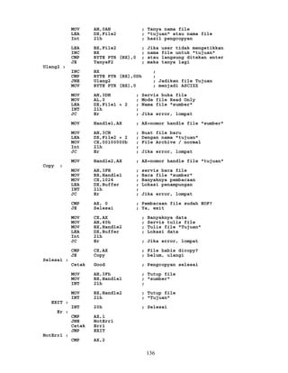 MOV AH,0AH ; Tanya nama file
LEA DX,File2 ; "tujuan" atau nama file
Int 21h ; hasil pengcopyan
LEA BX,File2 ; Jika user tidak mengetikkan
INC BX ; nama file untuk "tujuan"
CMP BYTE PTR [BX],0 ; atau langsung ditekan enter
JE TanyaF2 ; maka tanya lagi
Ulang2 :
INC BX ;
CMP BYTE PTR [BX],0Dh ;
JNE Ulang2 ; Jadikan file Tujuan
MOV BYTE PTR [BX],0 ; menjadi ASCIZZ
MOV AH,3DH ; Servis buka file
MOV AL,0 ; Mode file Read Only
LEA DX,File1 + 2 ; Nama file "sumber"
INT 21h ;
JC Er ; Jika error, lompat
MOV Handle1,AX ; AX=nomor handle file "sumber"
MOV AH,3CH ; Buat file baru
LEA DX,File2 + 2 ; Dengan nama "tujuan"
MOV CX,00100000b ; File Archive / normal
Int 21h ;
JC Er ; Jika error, lompat
MOV Handle2,AX ; AX=nomor handle file "tujuan"
Copy :
MOV AH,3FH ; servis baca file
MOV BX,Handle1 ; Baca file "sumber"
MOV CX,1024 ; Banyaknya pembacaan
LEA DX,Buffer ; Lokasi penampungan
INT 21h ;
JC Er ; Jika error, lompat
CMP AX, 0 ; Pembacaan file sudah EOF?
JE Selesai ; Ya, exit
MOV CX,AX ; Banyaknya data
MOV AH,40h ; Servis tulis file
MOV BX,Handle2 ; Tulis file "Tujuan"
LEA DX,Buffer ; Lokasi data
Int 21h
JC Er ; Jika error, lompat
CMP CX,AX ; File habis dicopy?
JE Copy ; belum, ulangi
Selesai :
Cetak Good ; Pengcopyan selesai
MOV AH,3Fh ; Tutup file
MOV BX,Handle1 ; "sumber"
INT 21h ;
MOV BX,Handle2 ; Tutup file
INT 21h ; "Tujuan"
EXIT :
INT 20h ; Selesai
Er :
CMP AX,1
JNE NotErr1
Cetak Err1
JMP EXIT
NotErr1 :
CMP AX,2
136
 