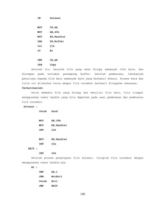 JE Selesai
MOV CX,AX
MOV AH,40h
MOV BX,Handle2
LEA DX,Buffer
Int 21h
JC Er
CMP CX,AX
JAE Copy
Setelah itu, bacalah file yang akan dicopy sebanyak 1024 byte, dan
disimpan pada variabel penampung buffer. Setelah pembacaan, lakukanlah
penulisan kepada file baru sebanyak byte yang berhasil dibaca. Proses baca dan
tulis ini dilakukan terus sampai file tersebut berhasil dicopykan semuanya.
Perhatikanlah:
Untuk membaca file yang dicopy dan menulisi file baru, kita tinggal
menggunakan nomor handle yang kita dapatkan pada saat pembukaan dan pembuatan
file tersebut.
Selesai :
Cetak Good
MOV AH,3Fh
MOV BX,Handle1
INT 21h
MOV BX,Handle2
INT 21h
EXIT :
INT 20h
Setelah proses pengcopyan file selesai, tutuplah file tersebut dengan
menggunakan nomor handle-nya.
Er :
CMP AX,1
JNE NotErr1
Cetak Err1
JMP EXIT
140
 