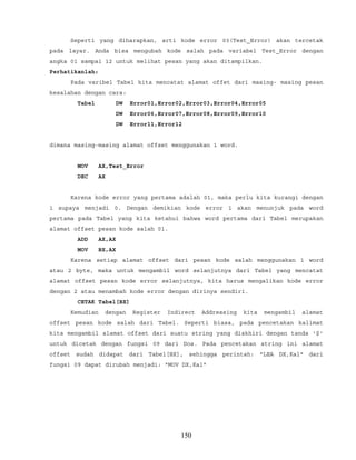 Seperti yang diharapkan, arti kode error 03(Test_Error) akan tercetak
pada layar. Anda bisa mengubah kode salah pada variabel Test_Error dengan
angka 01 sampai 12 untuk melihat pesan yang akan ditampilkan.
Perhatikanlah:
Pada varibel Tabel kita mencatat alamat offet dari masing- masing pesan
kesalahan dengan cara:
Tabel DW Error01,Error02,Error03,Error04,Error05
DW Error06,Error07,Error08,Error09,Error10
DW Error11,Error12
dimana masing-masing alamat offset menggunakan 1 word.
MOV AX,Test_Error
DEC AX
Karena kode error yang pertama adalah 01, maka perlu kita kurangi dengan
1 supaya menjadi 0. Dengan demikian kode error 1 akan menunjuk pada word
pertama pada Tabel yang kita ketahui bahwa word pertama dari Tabel merupakan
alamat offset pesan kode salah 01.
ADD AX,AX
MOV BX,AX
Karena setiap alamat offset dari pesan kode salah menggunakan 1 word
atau 2 byte, maka untuk mengambil word selanjutnya dari Tabel yang mencatat
alamat offset pesan kode error selanjutnya, kita harus mengalikan kode error
dengan 2 atau menambah kode error dengan dirinya sendiri.
CETAK Tabel[BX]
Kemudian dengan Register Indirect Addressing kita mengambil alamat
offset pesan kode salah dari Tabel. Seperti biasa, pada pencetakan kalimat
kita mengambil alamat offset dari suatu string yang diakhiri dengan tanda '$'
untuk dicetak dengan fungsi 09 dari Dos. Pada pencetakan string ini alamat
offset sudah didapat dari Tabel[BX], sehingga perintah: "LEA DX,Kal" dari
fungsi 09 dapat dirubah menjadi: "MOV DX,Kal"
150
 