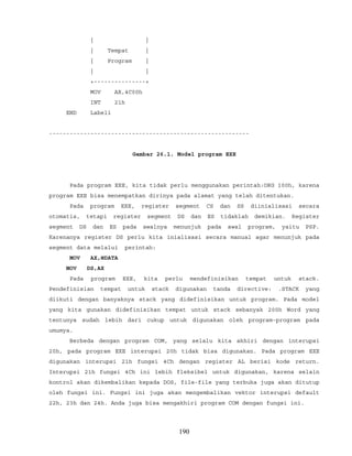 | |
| Tempat |
| Program |
| |
+---------------+
MOV AX,4C00h
INT 21h
END Label1
----------------------------------------------------------
Gambar 26.1. Model program EXE
Pada program EXE, kita tidak perlu menggunakan perintah:ORG 100h, karena
program EXE bisa menempatkan dirinya pada alamat yang telah ditentukan.
Pada program EXE, register segment CS dan SS diinialisasi secara
otomatis, tetapi register segment DS dan ES tidaklah demikian. Register
segment DS dan ES pada awalnya menunjuk pada awal program, yaitu PSP.
Karenanya register DS perlu kita inialisasi secara manual agar menunjuk pada
segment data melalui perintah:
MOV AX,@DATA
MOV DS,AX
Pada program EXE, kita perlu mendefinisikan tempat untuk stack.
Pendefinisian tempat untuk stack digunakan tanda directive: .STACK yang
diikuti dengan banyaknya stack yang didefinisikan untuk program. Pada model
yang kita gunakan didefinisikan tempat untuk stack sebanyak 200h Word yang
tentunya sudah lebih dari cukup untuk digunakan oleh program-program pada
umumya.
Berbeda dengan program COM, yang selalu kita akhiri dengan interupsi
20h, pada program EXE interupsi 20h tidak bisa digunakan. Pada program EXE
digunakan interupsi 21h fungsi 4Ch dengan register AL berisi kode return.
Interupsi 21h fungsi 4Ch ini lebih fleksibel untuk digunakan, karena selain
kontrol akan dikembalikan kepada DOS, file-file yang terbuka juga akan ditutup
oleh fungsi ini. Fungsi ini juga akan mengembalikan vektor interupsi default
22h, 23h dan 24h. Anda juga bisa mengakhiri program COM dengan fungsi ini.
190
 