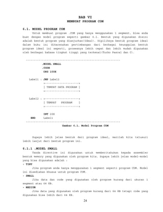 BAB VI
MEMBUAT PROGRAM COM
6.1. MODEL PROGRAM COM
Untuk membuat program .COM yang hanya menggunakan 1 segment, bisa anda
buat dengan model program seperti gambar 6.1. Bentuk yang digunakan disini
adalah bentuk program yang dianjurkan(Ideal). Dipilihnya bentuk program ideal
dalam buku ini dikarenakan pertimbangan dari berbagai keunggulan bentuk
program ideal ini seperti, prosesnya lebih cepat dan lebih mudah digunakan
oleh berbagai bahasa tingkat tinggi yang terkenal(Turbo Pascal dan C).
-----------------------------------------------------------
.MODEL SMALL
.CODE
ORG 100H
Label1 : JMP Label2
+---------------------+
| TEMPAT DATA PROGRAM |
+---------------------+
Label2 : +---------------------+
| TEMPAT PROGRAM |
+---------------------+
INT 20H
END Label1
-----------------------------------------------------------
Gambar 6.1. Model Program COM
Supaya lebih jelas bentuk dari program ideal, marilah kita telusuri
lebih lanjut dari bentuk program ini.
6.1.1 .MODEL SMALL
Tanda directive ini digunakan untuk memberitahukan kepada assembler
bentuk memory yang digunakan oleh program kita. Supaya lebih jelas model-model
yang bisa digunakan adalah :
- TINY
Jika program anda hanya menggunakan 1 segment seperti program COM. Model
ini disediakan khusus untuk program COM.
- SMALL
Jika data dan code yang digunakan oleh program kurang dari ukuran 1
segment atau 64 KB.
- MEDIUM
Jika data yang digunakan oleh program kurang dari 64 KB tetapi code yang
digunakan bisa lebih dari 64 KB.
24
 