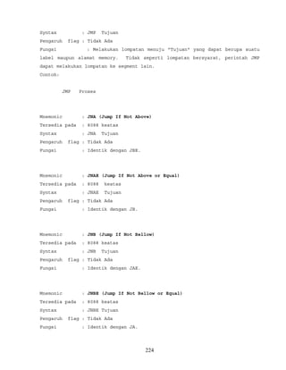 Syntax : JMP Tujuan
Pengaruh flag : Tidak Ada
Fungsi : Melakukan lompatan menuju "Tujuan" yang dapat berupa suatu
label maupun alamat memory. Tidak seperti lompatan bersyarat, perintah JMP
dapat melakukan lompatan ke segment lain.
Contoh:
JMP Proses
Mnemonic : JNA (Jump If Not Above)
Tersedia pada : 8088 keatas
Syntax : JNA Tujuan
Pengaruh flag : Tidak Ada
Fungsi : Identik dengan JBE.
Mnemonic : JNAE (Jump If Not Above or Equal)
Tersedia pada : 8088 keatas
Syntax : JNAE Tujuan
Pengaruh flag : Tidak Ada
Fungsi : Identik dengan JB.
Mnemonic : JNB (Jump If Not Bellow)
Tersedia pada : 8088 keatas
Syntax : JNB Tujuan
Pengaruh flag : Tidak Ada
Fungsi : Identik dengan JAE.
Mnemonic : JNBE (Jump If Not Bellow or Equal)
Tersedia pada : 8088 keatas
Syntax : JNBE Tujuan
Pengaruh flag : Tidak Ada
Fungsi : Identik dengan JA.
224
 