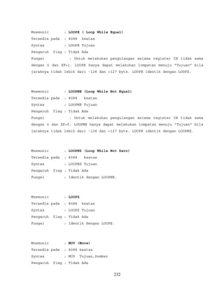 Mnemonic : LOOPE ( Loop While Equal)
Tersedia pada : 8088 keatas
Syntax : LOOPE Tujuan
Pengaruh flag : Tidak Ada
Fungsi : Untuk melakukan pengulangan selama register CX tidak sama
dengan 0 dan ZF=1. LOOPE hanya dapat melakukan lompatan menuju "Tujuan" bila
jaraknya tidak lebih dari -128 dan +127 byte. LOOPE identik dengan LOOPZ.
Mnemonic : LOOPNE (Loop While Not Equal)
Tersedia pada : 8088 keatas
Syntax : LOOPNE Tujuan
Pengaruh flag : Tidak Ada
Fungsi : Untuk melakukan pengulangan selama register CX tidak sama
dengan 0 dan ZF=0. LOOPNE hanya dapat melakukan lompatan menuju "Tujuan" bila
jaraknya tidak lebih dari -128 dan +127 byte. LOOPE identik dengan LOOPNZ.
Mnemonic : LOOPNZ (Loop While Not Zero)
Tersedia pada : 8088 keatas
Syntax : LOOPNZ Tujuan
Pengaruh flag : Tidak Ada
Fungsi : Identik dengan LOOPNE.
Mnemonic : LOOPZ
Tersedia pada : 8088 keatas
Syntax : LOOPZ Tujuan
Pengaruh flag : Tidak Ada
Fungsi : Identik dengan LOOPE.
Mnemonic : MOV (Move)
Tersedia pada : 8088 keatas
Syntax : MOV Tujuan,Sumber
Pengaruh flag : Tidak Ada
232
 