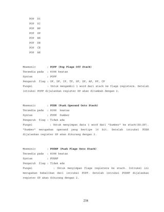 POP DI
POP SI
POP BP
POP SP
POP BX
POP DX
POP CX
POP AX
Mnemonic : POPF (Pop Flags Off Stack)
Tersedia pada : 8088 keatas
Syntax : POPF
Pengaruh flag : OF, DF, IF, TF, SF, ZF, AF, PF, CF
Fungsi : Untuk mengambil 1 word dari stack ke flags registers. Setelah
intruksi POPF dijalankan register SP akan ditambah dengan 2.
Mnemonic : PUSH (Push Operand Onto Stack)
Tersedia pada : 8088 keatas
Syntax : PUSH Sumber
Pengaruh flag : Tidak ada
Fungsi : Untuk menyimpan data 1 word dari "Sumber" ke stack(SS:SP).
"Sumber" merupakan operand yang bertipe 16 bit. Setelah intruksi PUSH
dijalankan register SP akan dikurang dengan 2.
Mnemonic : PUSHF (Push Flags Onto Stack)
Tersedia pada : 8088 keatas
Syntax : PUSHF
Pengaruh flag : Tidak ada
Fungsi : Untuk menyimpan flags registers ke stack. Intruksi ini
merupakan kebalikan dari intruksi POPF. Setelah intruksi PUSHF dijalankan
register SP akan dikurang dengan 2.
238
 