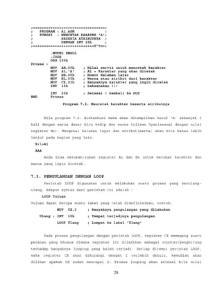 ;=================================;
; PROGRAM : A1.ASM ;
; FUNGSI : MENCETAK KARATER 'A';
; BESERTA ATRIBUTNYA ;
; DENGAN INT 10h ;
;============================S’to=;
.MODEL SMALL
.CODE
ORG 100h
Proses :
MOV AH,09h ; Nilai servis untuk mencetak karakter
MOV AL,'A' ; AL = Karakter yang akan dicetak
MOV BH,00h ; Nomor Halaman layar
MOV BL,93h ; Warna atau atribut dari karakter
MOV CX,03h ; Banyaknya karakter yang ingin dicetak
INT 10h ; Laksanakan !!!
INT 20h ; Selesai ! kembali ke DOS
END Proses
Program 7.2. Mencetak karakter beserta atributnya
Bila program 7.2. dieksekusi maka akan ditampilkan huruf 'A' sebanyak 3
kali dengan warna dasar biru kedip dan warna tulisan Cyan(sesuai dengan nilai
register BL). Mengenai halaman layar dan atribut(warna) akan kita bahas lebih
lanjut pada bagian yang lain.
B:>A1
AAA
Anda bisa merubah-rubah register AL dan BL untuk merubah karakter dan
warna yang ingin dicetak.
7.3. PENGULANGAN DENGAN LOOP
Perintah LOOP digunakan untuk melakukan suatu proses yang berulang-
ulang. Adapun syntax dari perintah ini adalah :
LOOP Tujuan
Tujuan dapat berupa suatu label yang telah didefinisikan, contoh:
MOV CX,3 ; Banyaknya pengulangan yang dilakukan
Ulang : INT 10h ; Tempat terjadinya pengulangan
LOOP Ulang ; Lompat ke label 'Ulang'
Pada proses pengulangan dengan perintah LOOP, register CX memegang suatu
peranan yang khusus dimana register ini dijadikan sebagai counter/penghitung
terhadap banyaknya looping yang boleh terjadi. Setiap ditemui perintah LOOP,
maka register CX akan dikurangi dengan 1 terlebih dahulu, kemudian akan
dilihat apakah CX sudah mencapai 0. Proses looping akan selesai bila nilai
28
 