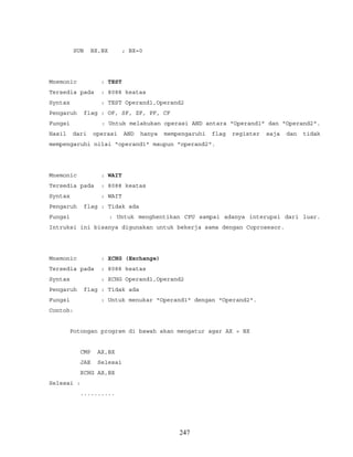 SUB BX,BX ; BX=0
Mnemonic : TEST
Tersedia pada : 8088 keatas
Syntax : TEST Operand1,Operand2
Pengaruh flag : OF, SF, ZF, PF, CF
Fungsi : Untuk melakukan operasi AND antara "Operand1" dan "Operand2".
Hasil dari operasi AND hanya mempengaruhi flag register saja dan tidak
mempengaruhi nilai "operand1" maupun "operand2".
Mnemonic : WAIT
Tersedia pada : 8088 keatas
Syntax : WAIT
Pengaruh flag : Tidak ada
Fungsi : Untuk menghentikan CPU sampai adanya interupsi dari luar.
Intruksi ini bisanya digunakan untuk bekerja sama dengan Coprosesor.
Mnemonic : XCHG (Exchange)
Tersedia pada : 8088 keatas
Syntax : XCHG Operand1,Operand2
Pengaruh flag : Tidak ada
Fungsi : Untuk menukar "Operand1" dengan "Operand2".
Contoh:
Potongan program di bawah akan mengatur agar AX > BX
CMP AX,BX
JAE Selesai
XCHG AX,BX
Selesai :
..........
247
 