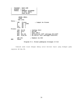 ; PROGRAM : BAGI.ASM ;
; AUTHOR : S’to ;
; FUNGSI : MEMBAGI BILANGAN ;
; 16 BIT, HASIL ;
; PADA DX:AX ;
;================================;
.MODEL SMALL
.CODE
ORG 100h
TData :
JMP Proses ; Lompat ke Proses
A DW 01EFh
B DW 2
Hsl DW ?
Sisa DW ?
Proses:
SUB DX,DX ; Jadikan DX=0
MOV AX,A ; AX=1EF
DIV B ; Bagi 1EF:2
MOV Hsl,AX ; AX bernilai 00F7 sehingga Hsl=00F7
MOV Sisa,DX ; DX berisi 0001 sehingga Sisa=0001
INT 20h ; Kembali ke DOS
END Tdata
Program 8.5. Proses pembagian bilangan 16 bit
Cobalah anda trace dengan debug untuk melihat hasil yang didapat pada
register AX dan DX.
39
 