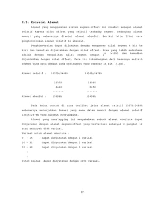 2.5. Konversi Alamat
Alamat yang menggunakan sistem segmen:offset ini disebut sebagai alamat
relatif karena sifat offset yang relatif terhadap segmen. Sedangkan alamat
memori yang sebenarnya disebut alamat absolut. Berikut kita lihat cara
pengkonversian alamat relatif ke absolut.
Pengkonversian dapat dilakukan dengan menggeser nilai segmen 4 bit ke
kiri dan kemudian dijumlahkan dengan nilai offset. Atau yang lebih sederhana
adalah dengan mengalikan nilai segmen dengan 2
4 (=10h) dan kemudian
dijumlahkan dengan nilai offset. Cara ini dikembangkan dari besarnya selisih
segmen yang satu dengan yang berikutnya yang sebesar 16 bit (=10h).
Alamat relatif : 1357h:2468h 1356h:2478h
13570 13560
2468 2478
------- -------
Alamat absolut : 159D8h 159D8h
Pada kedua contoh di atas terlihat jelas alamat relatif 1357h:2468h
sebenarnya menunjukkan lokasi yang sama dalam memori dengan alamat relatif
1356h:2478h yang disebut overlapping.
Alamat yang overlapping ini menyebabkan sebuah alamat absolute dapat
dinyatakan dengan alamat segmen:offset yang bervariasi sebanyak 2 pangkat 12
atau sebanyak 4096 variasi.
Variasi untuk alamat absolute :
0 - 15 dapat dinyatakan dengan 1 variasi
16 - 31 dapat dinyatakan dengan 2 variasi
32 - 48 dapat dinyatakan dengan 3 variasi
:
:
65520 keatas dapat dinyatakan dengan 4096 variasi.
12
 