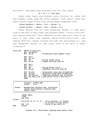 baris(80*25), maka memory yang dibutuhkan untuk satu layar adalah:
80 * 25 * 2 = 4000 Byte
Dengan alamat memory yang digunakan secara berurutan ini, dimana teks
akan menempati offset genap dan atribut menempati offset ganjil, alamat dari
posisi karakter maupun atribut bisa dihitung dengan menggunakan rumus:
Offset Karakter = (Baris * 160) + (Kolom * 2)
Offset Atribut = (Baris * 160) + (Kolom * 2)+1
Dengan demikian bila kita ingin menampilkan karakter 'S' pada posisi
kolom 40 dan baris 12 maka alamat yang digunakan adalah: (12*160)+(40*2)=2000,
atau tepatnya B800h:2000. Untuk menampilkan atribut pada posisi kolom 40 dan
baris 12 maka alamat yang digunakan adalah:(12*160)+(40*2)+1=2001, atau
tepatnya B800h:2001. Sebagai contohnya bisa anda lihat pada program 18.1. yang
akan menampilkan karakter "S" pada posisi kolom 40 dan baris 12 dengan
atributnya 95.
Tulis_Kar MACRO X,Y,Kar,Attr
MOV AX,0B800h
MOV ES,AX ; ES Menunjuk pada segment layar
MOV AH,Y
MOV AL,160
MUL AH ; Hitung offset baris
MOV BX,AX ; Simpan hasilnya pada BX
MOV AH,X
MOV AL,2
MUL AH ; Hitung offset kolom
ADD BX,AX ; Tambahkan hasilnya pada BX
MOV AL,Kar ; AL=karakter yang akan ditampilkan
MOV AH,Attr ; AH=Atribut yang akan ditampilkan
MOV ES:[BX],AL ; Tampilkan Karakter dan atributnya
MOV ES:[BX+1],AH ; pada posisi kolom X dan baris Y
ENDM
;/===============================================;
; Program : LAYAR1.ASM ;
; Author : S’to ;
; ;
; Fungsi : Menampilkan karakter dan atributnya ;
; dengan menuliskannya langsung pada ;
; memory layar ;
;===============================================/;
.MODEL SMALL
.CODE
ORG 100h
Proses :
Tulis_Kar 40 12 'S' 95 ; Tulis karakter 'S' dengan
; no atribut 95 pada posisi
INT 20h ; kolom 40 dan baris 12
END Proses
Program 18.1. Menuliskan langsung pada memory layar
93
 