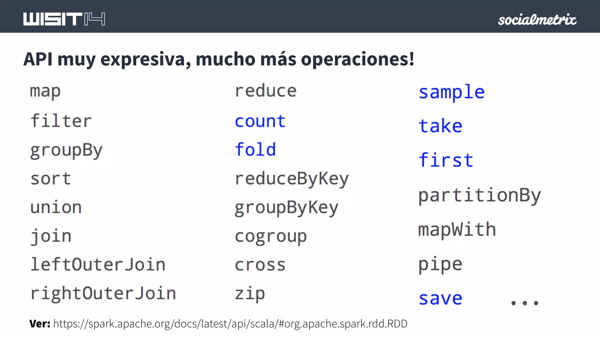 API muy expresiva, mucho más operaciones! 
Ver: https://spark.apache.org/docs/latest/api/scala/#org.apache.spark.rdd.RDD 
 