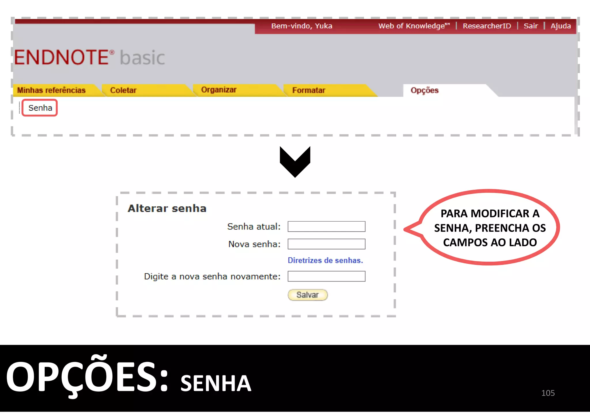 105
OPÇÕES: SENHA
PARA MODIFICAR A
SENHA, PREENCHA OS
CAMPOS AO LADO
 