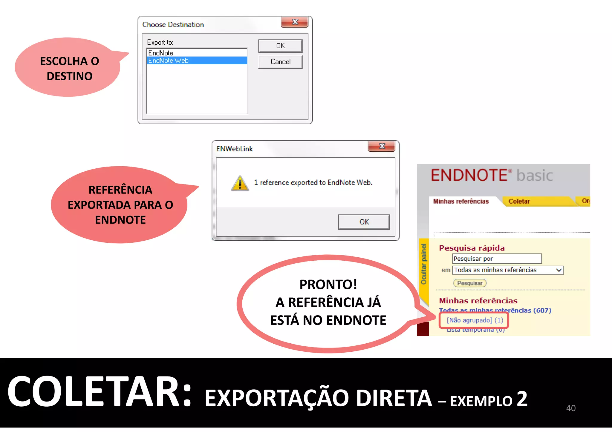 ESCOLHA O
DESTINO
REFERÊNCIA
EXPORTADA PARA O
ENDNOTE
PRONTO!
A REFERÊNCIA JÁ
ESTÁ NO ENDNOTE
40
COLETAR: EXPORTAÇÃO DIRETA – EXEMPLO 2
 