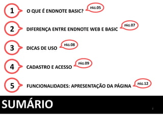 2
SUMÁRIO
1 O QUE É ENDNOTE BASIC?
DIFERENÇA ENTRE ENDNOTE WEB E BASIC
DICAS DE USO
CADASTRO E ACESSO
FUNCIONALIDADES: APRESENTAÇÃO DA PÁGINA
2
3
4
5
PÁG.05
PÁG.07
PÁG.12
PÁG.09
PÁG.08
 