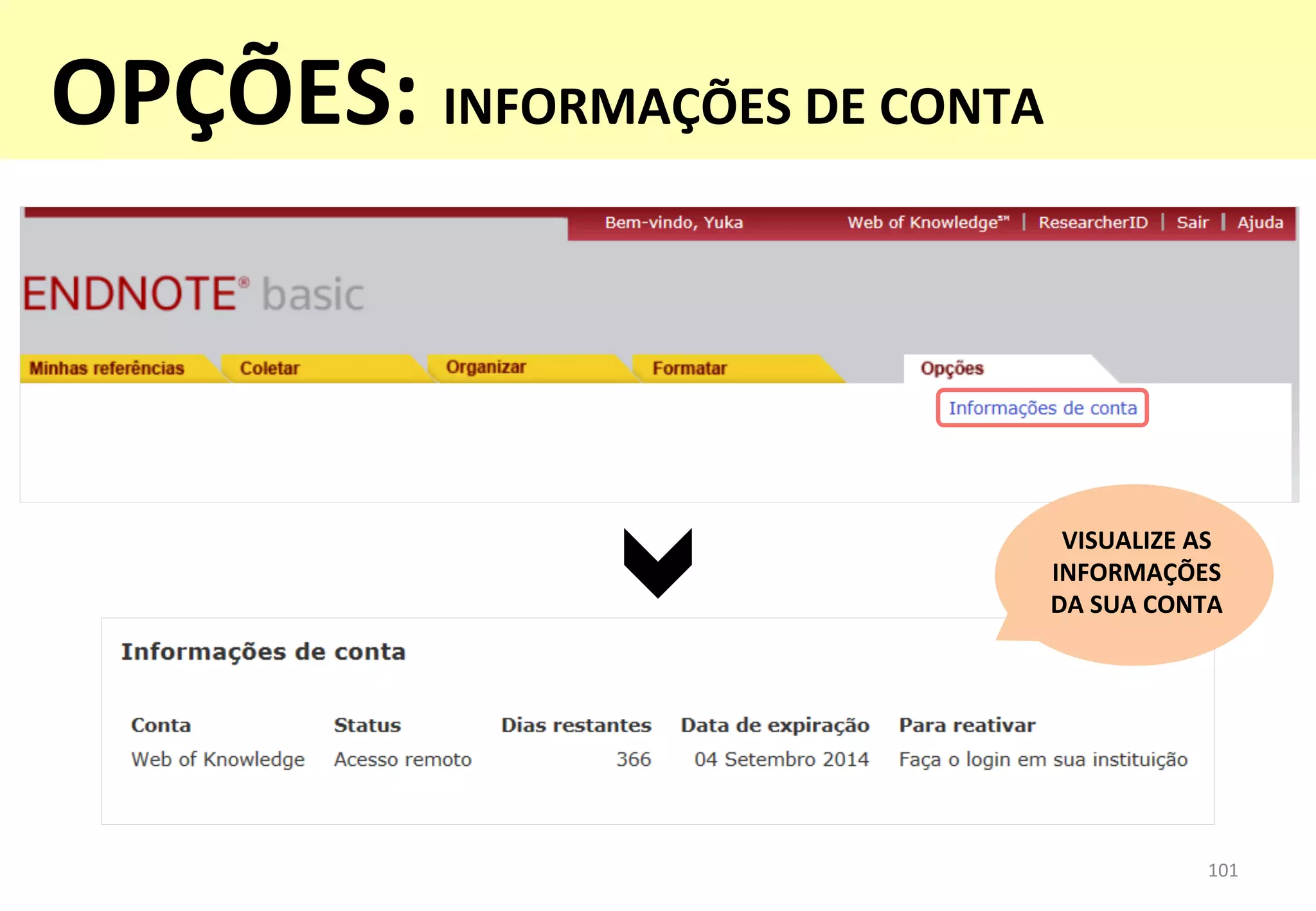 101	
  
VISUALIZE	
  AS	
  
INFORMAÇÕES	
  	
  
DA	
  SUA	
  CONTA	
  
OPÇÕES:	
  INFORMAÇÕES	
  DE	
  CONTA	
  
 
