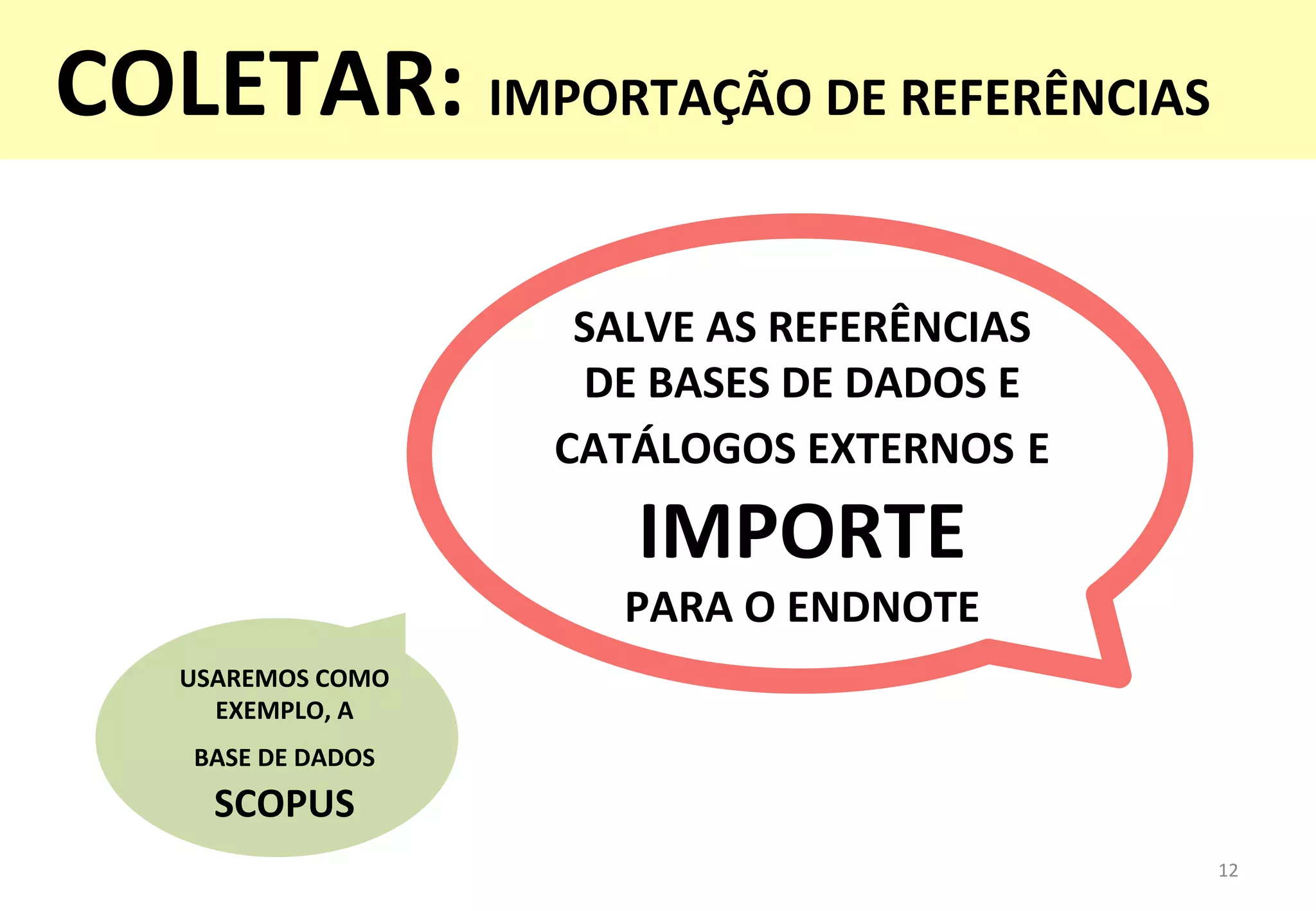SALVE	
  AS	
  REFERÊNCIAS	
  	
  
DE	
  BASES	
  DE	
  DADOS	
  E	
  
CATÁLOGOS	
  EXTERNOS	
  E	
  	
  
IMPORTE	
  	
  
PARA	
  O	
  ENDNOTE	
  
USAREMOS	
  COMO	
  	
  
EXEMPLO,	
  A	
  	
  
BASE	
  DE	
  DADOS	
  	
  
SCOPUS	
  
12	
  
COLETAR:	
  IMPORTAÇÃO	
  DE	
  REFERÊNCIAS	
  
 