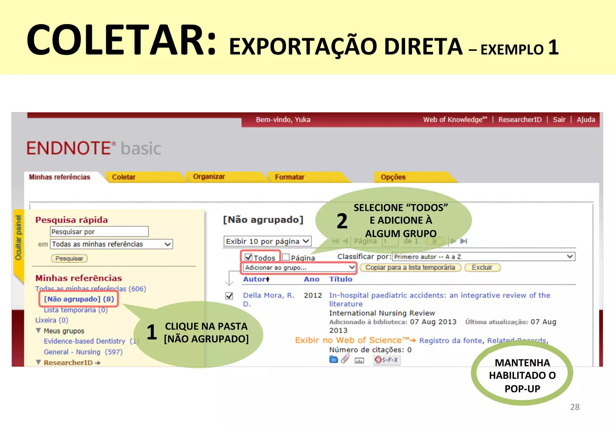 28	
  
MANTENHA	
  
HABILITADO	
  O	
  
POP-­‐UP	
  
COLETAR:	
  EXPORTAÇÃO	
  DIRETA	
  –	
  EXEMPLO	
  1	
  
	
  
CLIQUE	
  NA	
  PASTA	
  	
  
[NÃO	
  AGRUPADO]	
  1	
  
SELECIONE	
  “TODOS”	
  	
  
E	
  ADICIONE	
  À	
  	
  
ALGUM	
  GRUPO	
  
2	
  
 