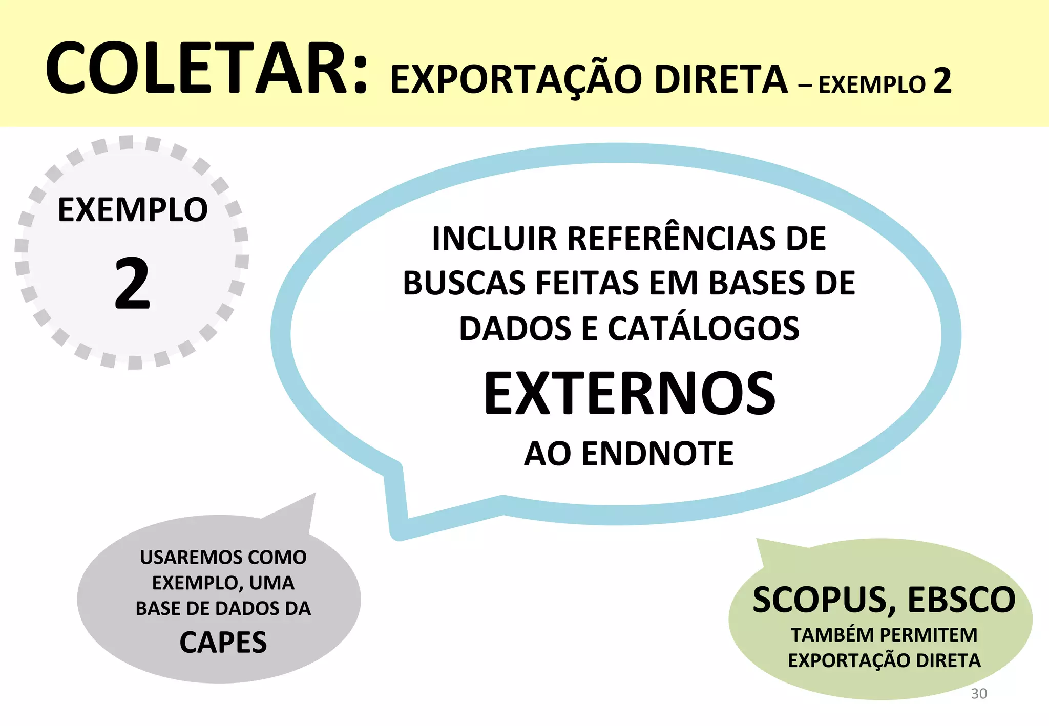 INCLUIR	
  REFERÊNCIAS	
  DE	
  
BUSCAS	
  FEITAS	
  EM	
  BASES	
  DE	
  
DADOS	
  E	
  CATÁLOGOS	
  
EXTERNOS	
  	
  
AO	
  ENDNOTE	
  
USAREMOS	
  COMO	
  	
  
EXEMPLO,	
  UMA	
  	
  
BASE	
  DE	
  DADOS	
  DA	
  	
  
CAPES	
  	
  
30	
  
EXEMPLO	
  
2	
  
SCOPUS,	
  EBSCO	
  
TAMBÉM	
  PERMITEM	
  
EXPORTAÇÃO	
  DIRETA	
  
COLETAR:	
  EXPORTAÇÃO	
  DIRETA	
  –	
  EXEMPLO	
  2	
  
	
  
 