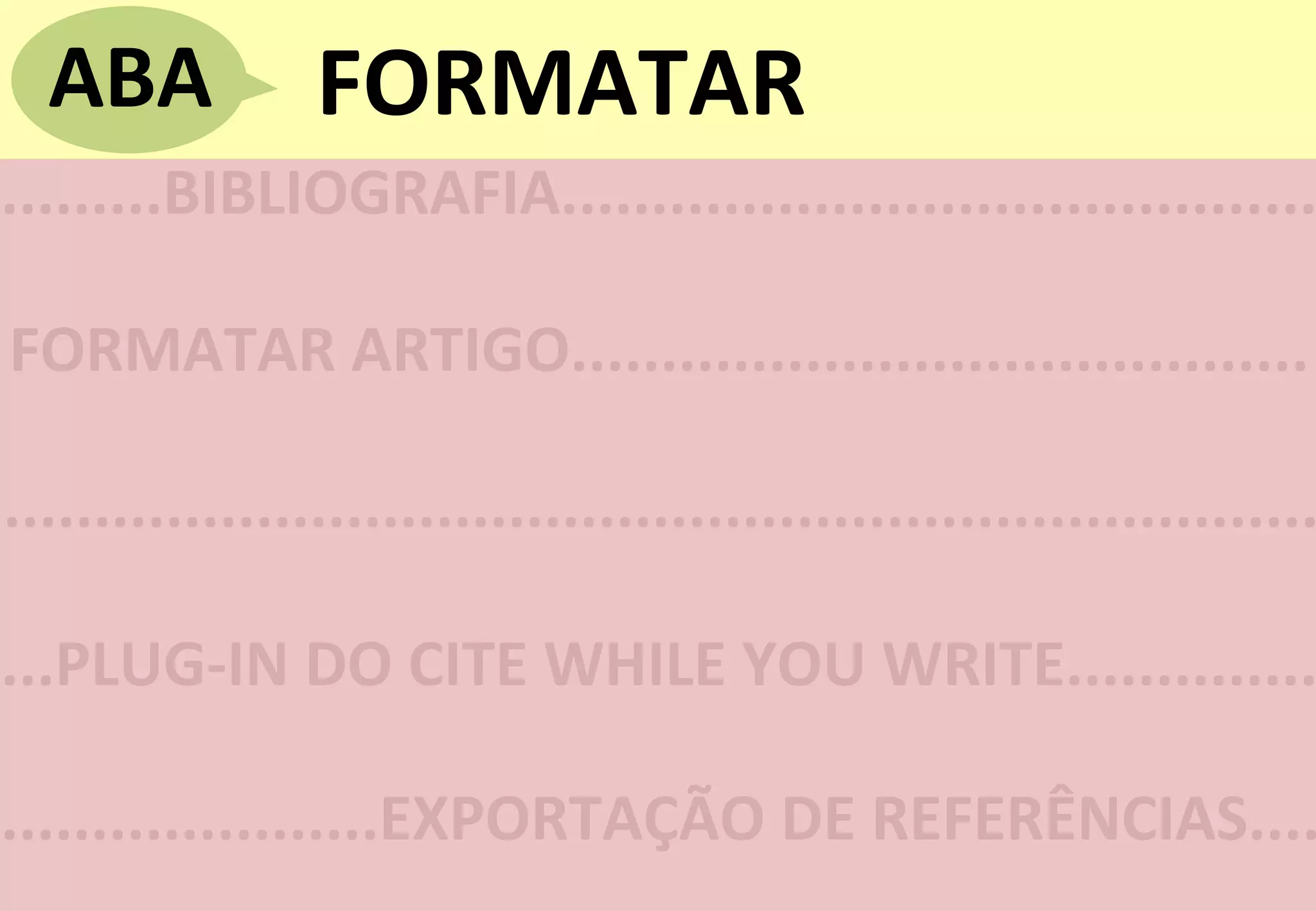 FORMATAR	
  ABA	
  
.........BIBLIOGRAFIA..........................................
FORMATAR	
  ARTIGO.........................................	
  
...PLUG-­‐IN	
  DO	
  CITE	
  WHILE	
  YOU	
  WRITE..............
.....................EXPORTAÇÃO	
  DE	
  REFERÊNCIAS....
.........................................................................
 