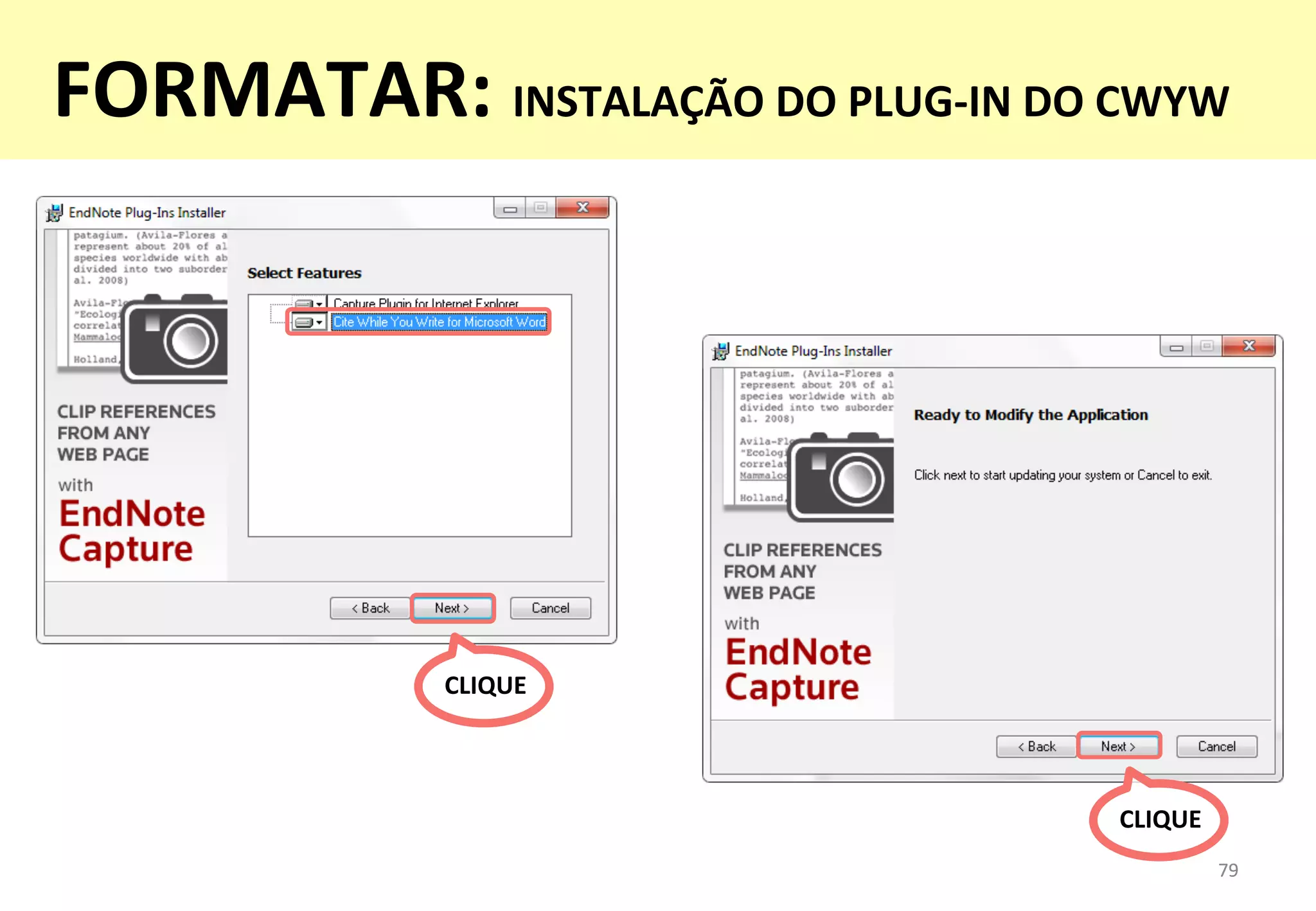 79	
  79	
  
CLIQUE	
  
CLIQUE	
  
FORMATAR:	
  INSTALAÇÃO	
  DO	
  PLUG-­‐IN	
  DO	
  CWYW	
  
 
