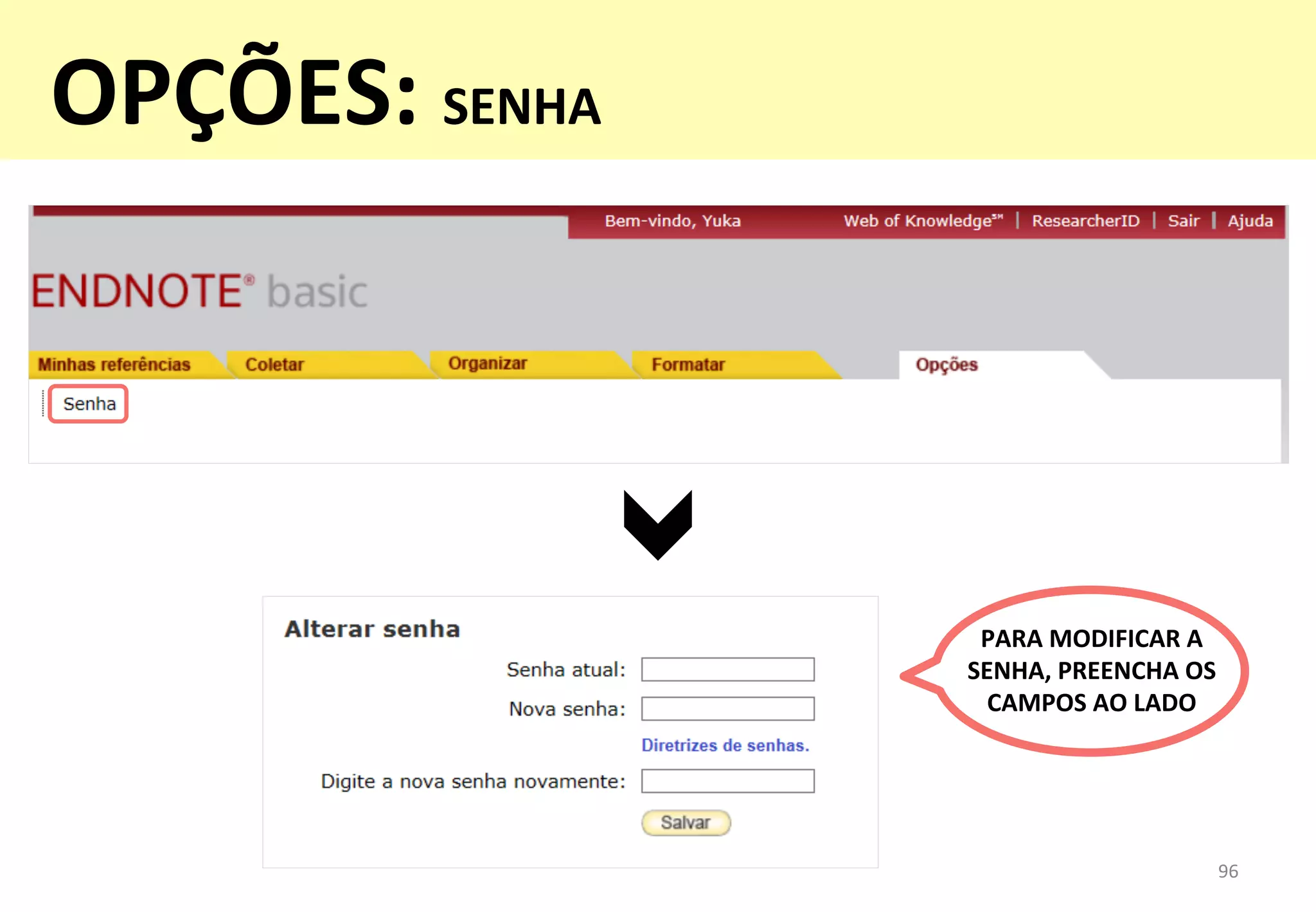 96	
  
PARA	
  MODIFICAR	
  A	
  
SENHA,	
  PREENCHA	
  OS	
  
CAMPOS	
  AO	
  LADO	
  
OPÇÕES:	
  SENHA	
  
 