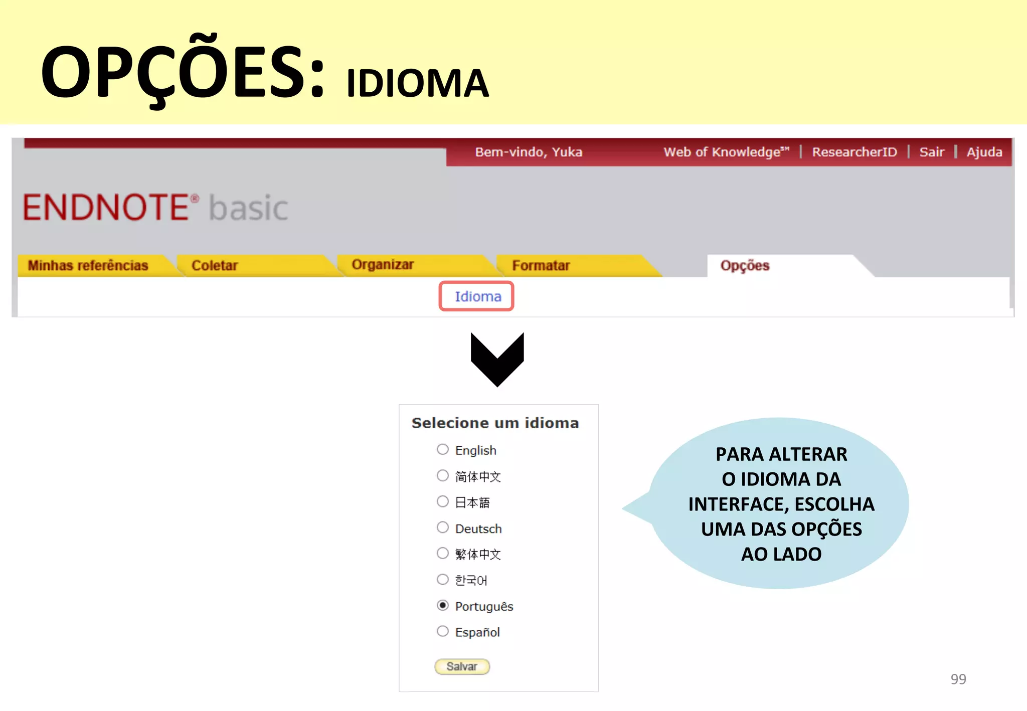 99	
  
PARA	
  ALTERAR	
  	
  
O	
  IDIOMA	
  DA	
  
INTERFACE,	
  ESCOLHA	
  
UMA	
  DAS	
  OPÇÕES	
  	
  
AO	
  LADO	
  
OPÇÕES:	
  IDIOMA	
  
 