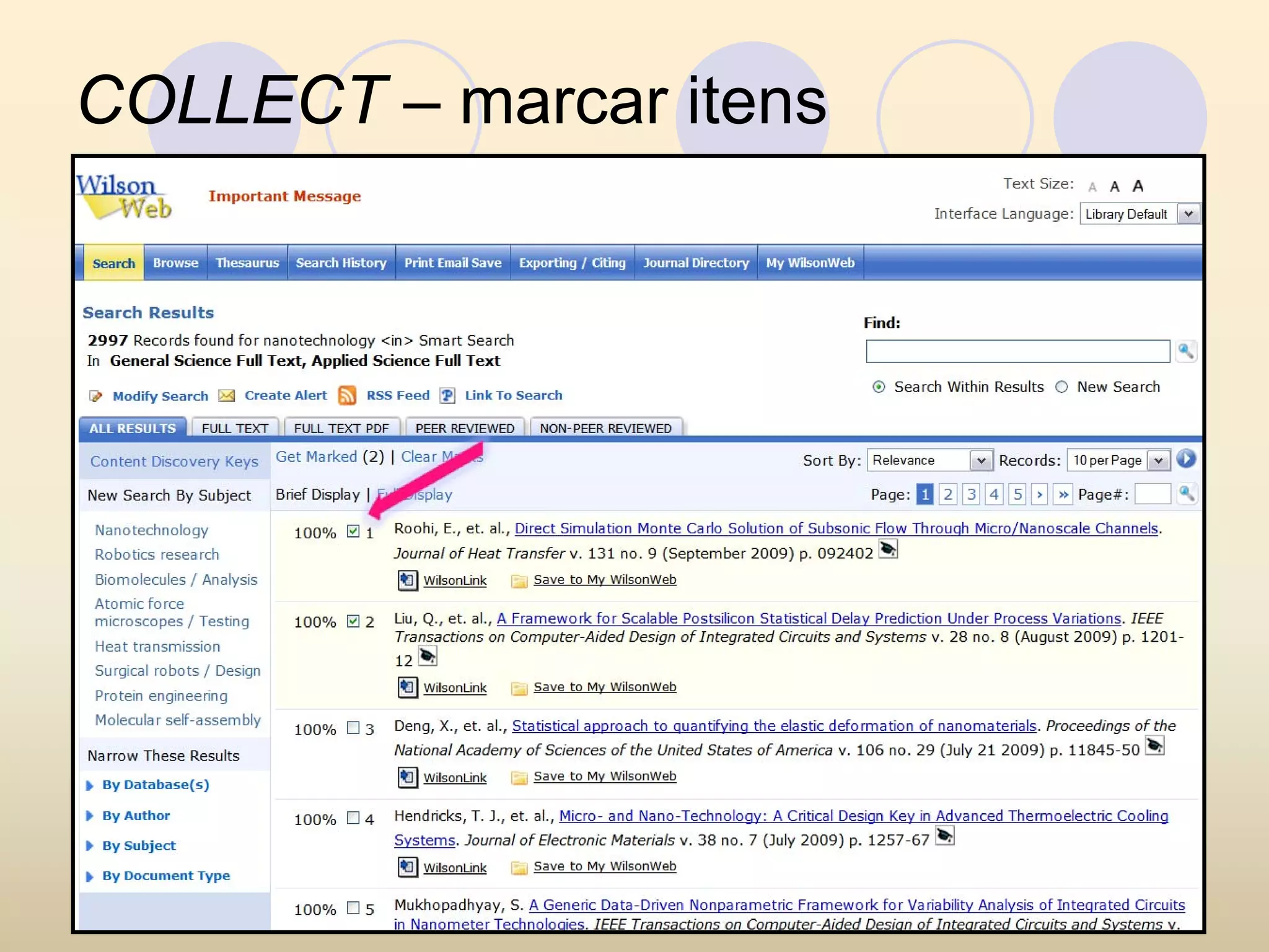 COLLECT – marcar itens
 