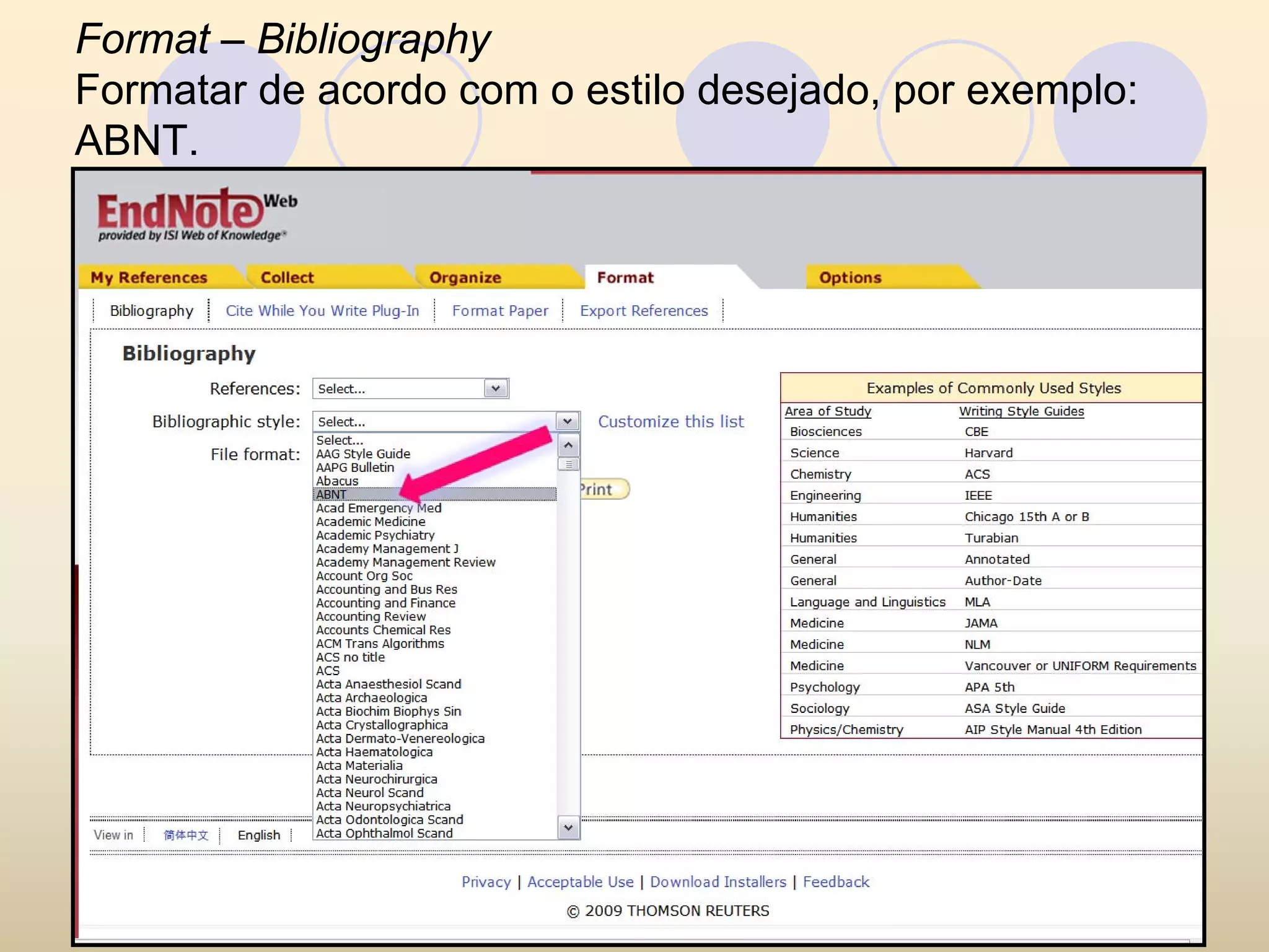 Format – Bibliography
Formatar de acordo com o estilo desejado, por exemplo:
ABNT.
 