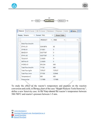 : www.hoorijani.ir
: hoorijani.h@gmail.com, hoorijani@ut.ac.ir
: hamed hoorijani
: Hamed Hoorijani
To study the effect of the reactor’s temperature and pressure on the reaction
conversion and yield, in the tree chart of the case “Model Analysis Tools/Sensivity”,
define a new Sensivity case. In the Vary choose the reactor’s temperature between
500-700℃ and reactor’s pressure between 1-5 atm.
 