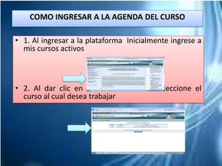 COMO INGRESAR A LA AGENDA DEL CURSO
• 1. Al ingresar a la plataforma Inicialmente ingrese a
mis cursos activos
• 2. Al dar clic en mis cursos Activos seleccione el
curso al cual desea trabajar
 