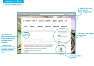 entrades al Bloc
       fer una entrada al bloc

                                             1_ puedes acceder
                                             desde aquí, o
                                             desde blogger.com




                                           2_ recuerda que existe
_ pulsando una                             un protocolo
etiqueta aparecerán
todas las entradas
con esa misma
etiqueta.

_ variaciones como
mayúsculas, o un espacio
de más o de menos, pueden
hacer que tu entrada no
aparezca al pulsar en una
etiqueta.


                                 _ enlace directo a
                                 slideshare
 