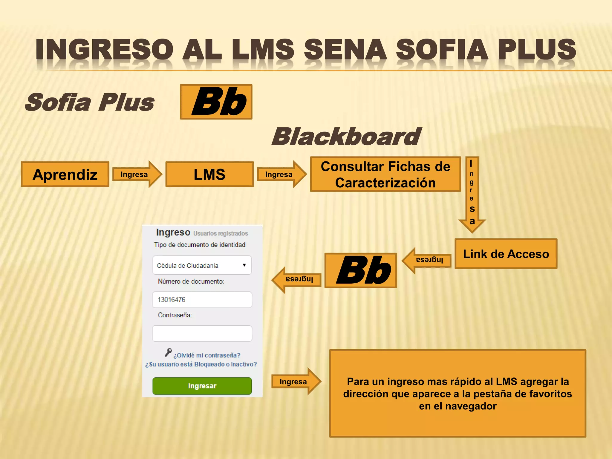 INGRESO AL LMS SENA SOFIA PLUS
Sofia Plus
Blackboard
Bb
Aprendiz LMS Ingresa
Ingresa
Ingresa
Ingresa
Consultar Fichas de
Caracterización
Link de Acceso
I
n
g
r
e
s
a
Bb
Ingresa
Para un ingreso mas rápido al LMS agregar la
dirección que aparece a la pestaña de favoritos
en el navegador
 