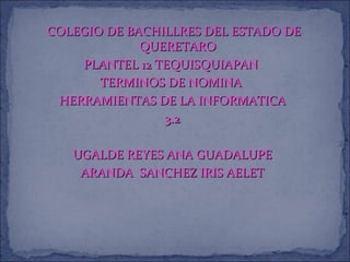 COLEGIO DE BACHILLRES DEL ESTADO DECOLEGIO DE BACHILLRES DEL ESTADO DE
QUERETAROQUERETARO
PLANTEL 12 TEQUISQUIAPANPLANTEL 12 TEQUISQUIAPAN
TERMINOS DE NOMINATERMINOS DE NOMINA
HERRAMIENTAS DE LA INFORMATICAHERRAMIENTAS DE LA INFORMATICA
3.23.2
UGALDE REYES ANA GUADALUPEUGALDE REYES ANA GUADALUPE
ARANDA SANCHEZ IRIS AELETARANDA SANCHEZ IRIS AELET
 