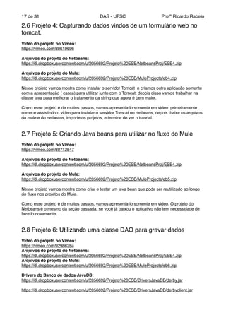 de17 31 DAS - UFSC Profº Ricardo Rabelo
2.6 Projeto 4: Capturando dados vindos de um formulário web no
tomcat."
"
Video do projeto no Vimeo:"
https://vimeo.com/88619696"
"
Arquivos do projeto do Netbeans:"
https://dl.dropboxusercontent.com/u/2056692/Projeto%20ESB/NetbeansProj/ESB4.zip"
"
Arquivos do projeto do Mule:"
https://dl.dropboxusercontent.com/u/2056692/Projeto%20ESB/MuleProjects/eb4.zip"
"
Nesse projeto vamos mostra como instalar o servidor Tomcat e criamos outra aplicação somente
com a apresentação ( casca) para utilizar junto com o Tomcat, depois disso vamos trabalhar na
classe java para melhorar o tratamento da string que agora é bem maior."
"
Como esse projeto é de muitos passos, vamos apresenta-lo somente em video: primeiramente
comece assistindo o video para instalar o servidor Tomcat no netbeans, depois baixe os arquivos
do mule e do netbeans, importe os projetos, e termine de ver o tutorial."
"
"
2.7 Projeto 5: Criando Java beans para utilizar no ﬂuxo do Mule"
"
Video do projeto no Vimeo:"
https://vimeo.com/88712847"
"
Arquivos do projeto do Netbeans:"
https://dl.dropboxusercontent.com/u/2056692/Projeto%20ESB/NetbeansProj/ESB4.zip"
"
Arquivos do projeto do Mule:"
https://dl.dropboxusercontent.com/u/2056692/Projeto%20ESB/MuleProjects/eb5.zip"
"
Nesse projeto vamos mostra como criar e testar um java bean que pode ser reutilizado ao longo
do ﬂuxo nos projetos do Mule."
"
Como esse projeto é de muitos passos, vamos apresenta-lo somente em video. O projeto do
Netbeans é o mesmo da seção passada, se você já baixou o aplicativo não tem necessidade de
faze-lo novamente."
"
"
2.8 Projeto 6: Utilizando uma classe DAO para gravar dados"
"
Video do projeto no Vimeo:!
https://vimeo.com/92986284 "
Arquivos do projeto do Netbeans:!
https://dl.dropboxusercontent.com/u/2056692/Projeto%20ESB/NetbeansProj/ESB4.zip"
Arquivos do projeto do Mule:"
https://dl.dropboxusercontent.com/u/2056692/Projeto%20ESB/MuleProjects/eb6.zip"
"
Drivers do Banco de dados JavaDB:"
https://dl.dropboxusercontent.com/u/2056692/Projeto%20ESB/DriversJavaDB/derby.jar"
"
https://dl.dropboxusercontent.com/u/2056692/Projeto%20ESB/DriversJavaDB/derbyclient.jar"
"
 